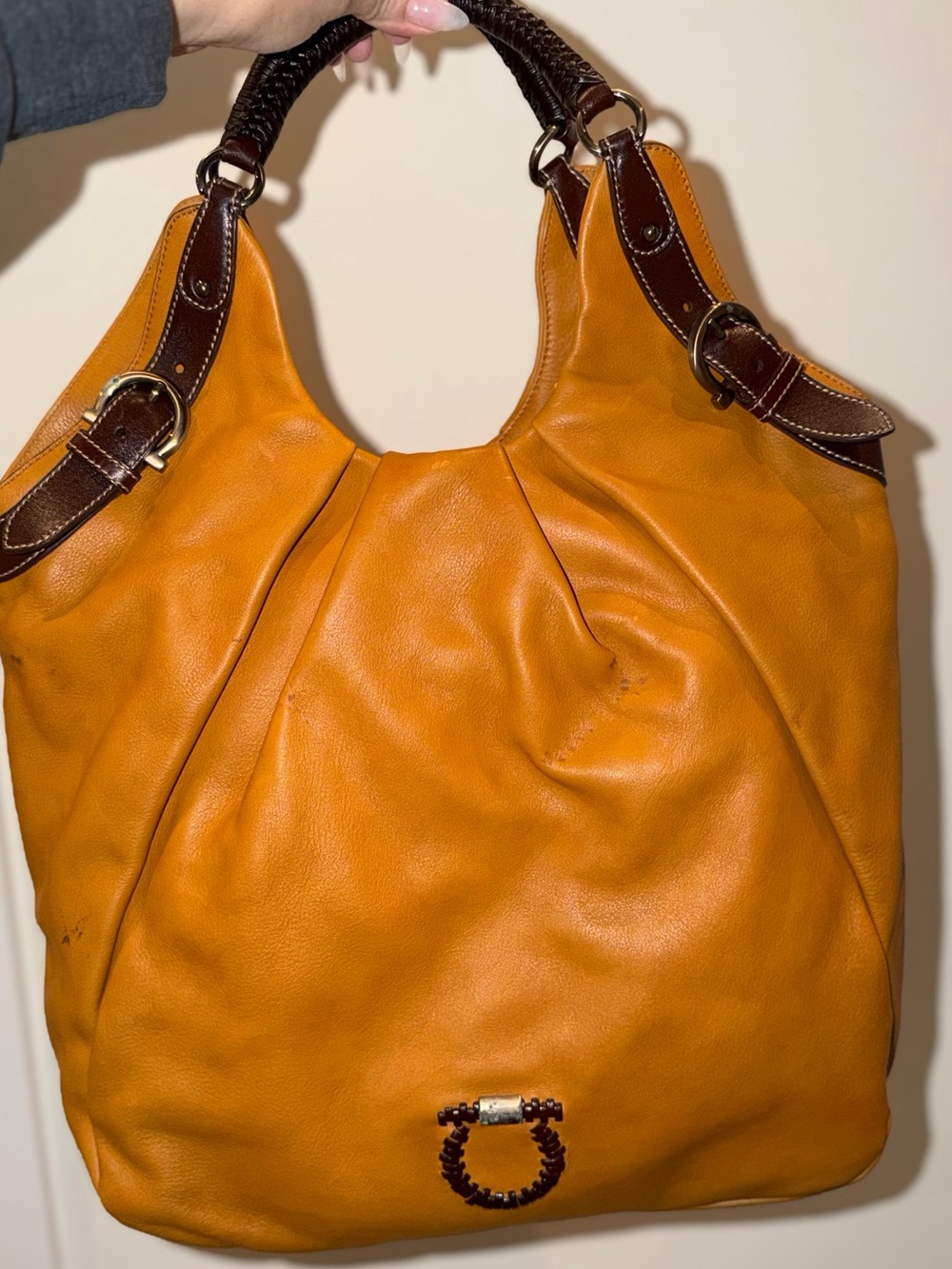 Salvatore Ferragamo Tan Leather Hobo Bag with Dark Brown Trim - Picture 3 of 14